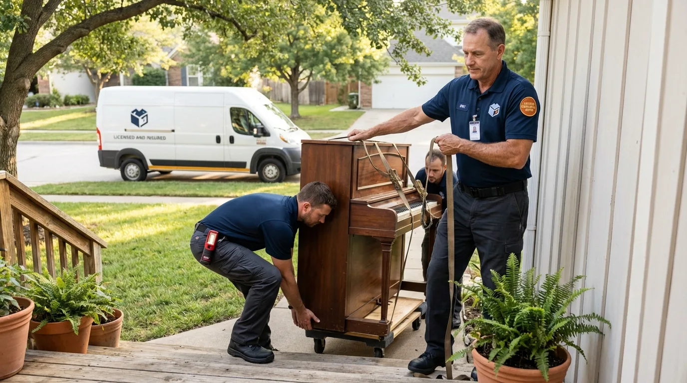 Licensed piano movers securing grand piano in Silver Spring, MD