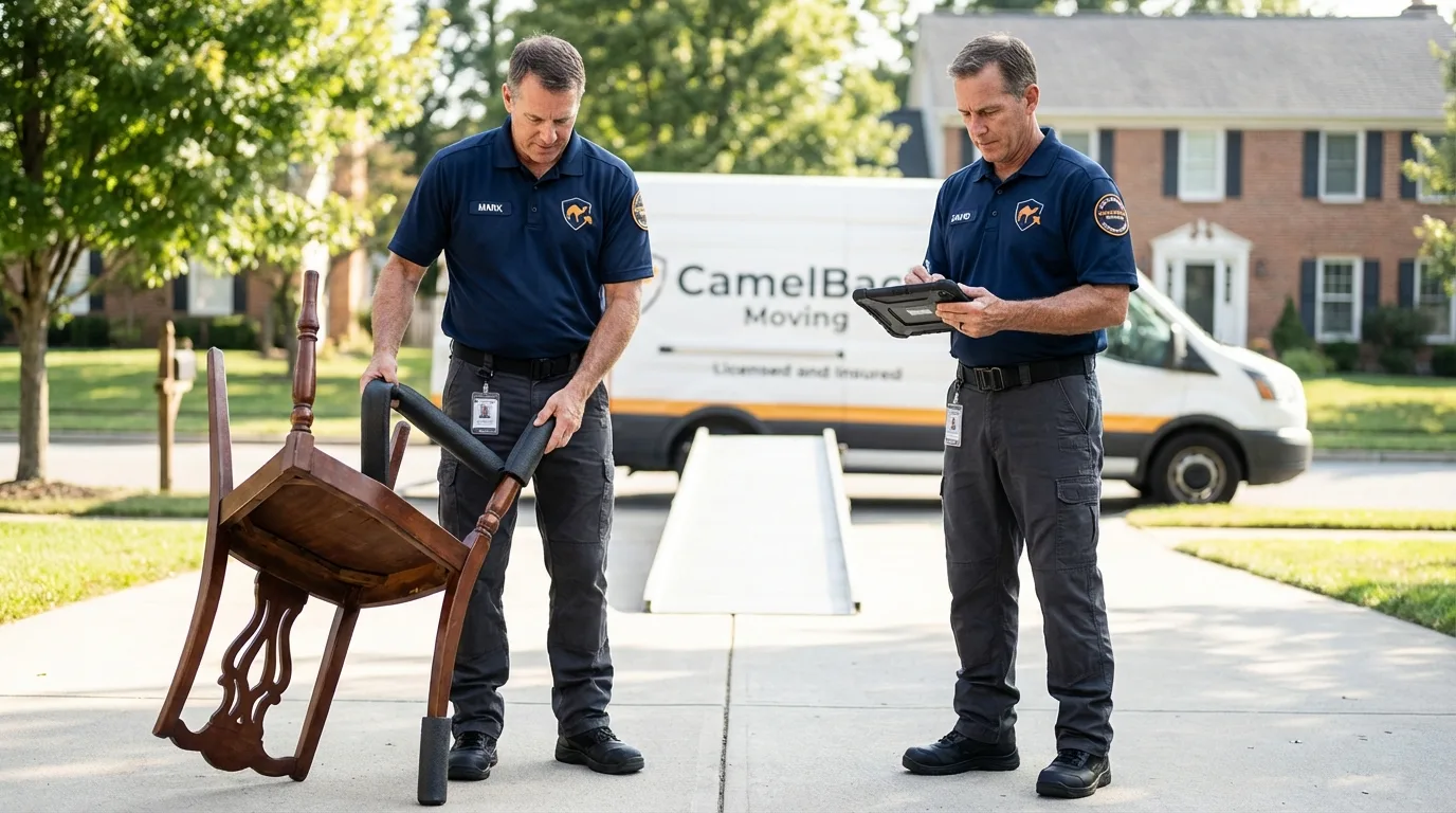 Movers inspecting furniture for damage prevention before loading in Silver Spring, MD